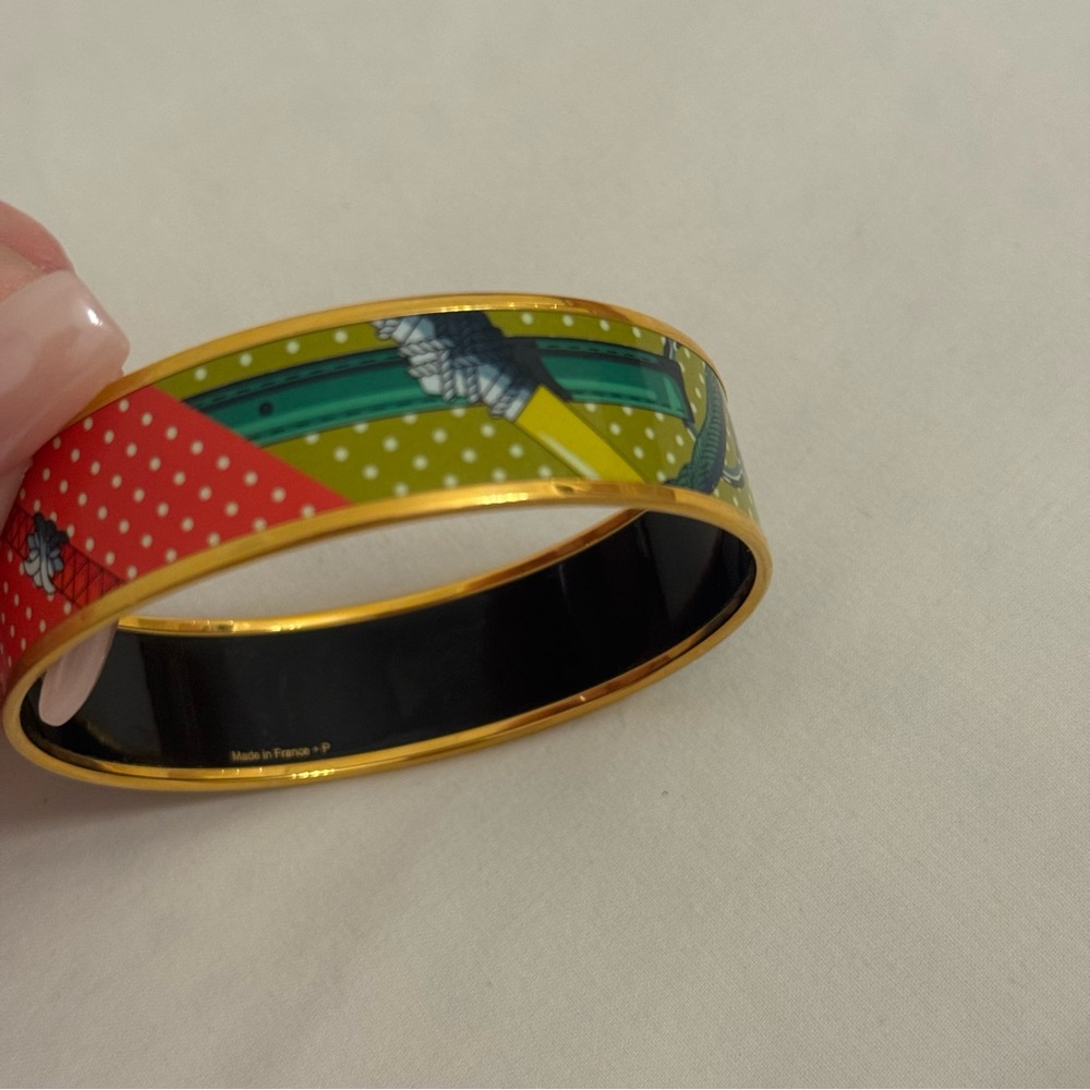 Authentic Hermès Enamel Bangle Bracelet– Multicolor Polka Dot + Belt Print